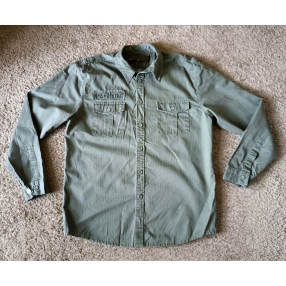 Point Zero Button Up Shirt Men's Large Green Utility Military Graphic Print
